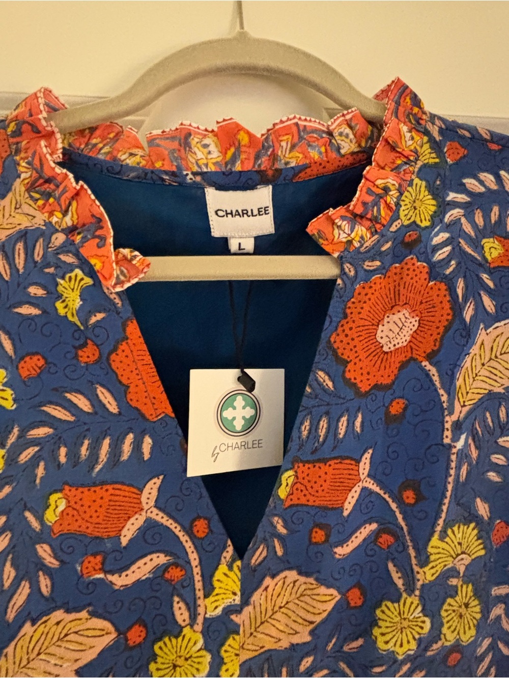 Charlee  Floral V-Neck Tiered Dress - Blue with Orange & Yellow Flowers - Picture 3 of 4